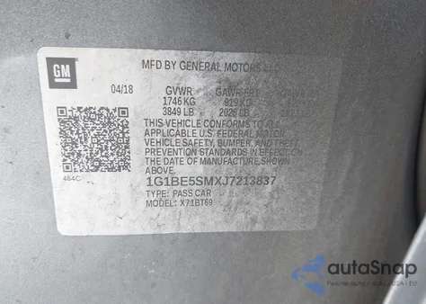 2018 Chevrolet Cruze Lt Auto из США, поврежденный, VIN 1G1BE5SMXJ7213837